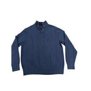 NAUTICA Quarter Zip Sweater Knit Ribbed Navy Blue Fisherman Preppy Mens Medium